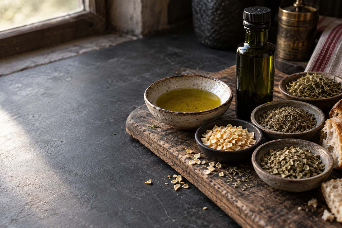 Aromatisches Hanfsamenöl mit getrocknetem Knoblauch und Wildkräutern