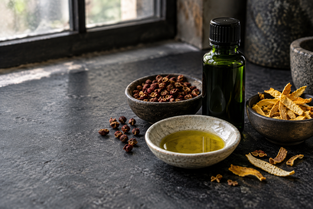 Aromatisches Hanfsamenöl mit getrocknetem Szechuanpfeffer und Yuzuschale