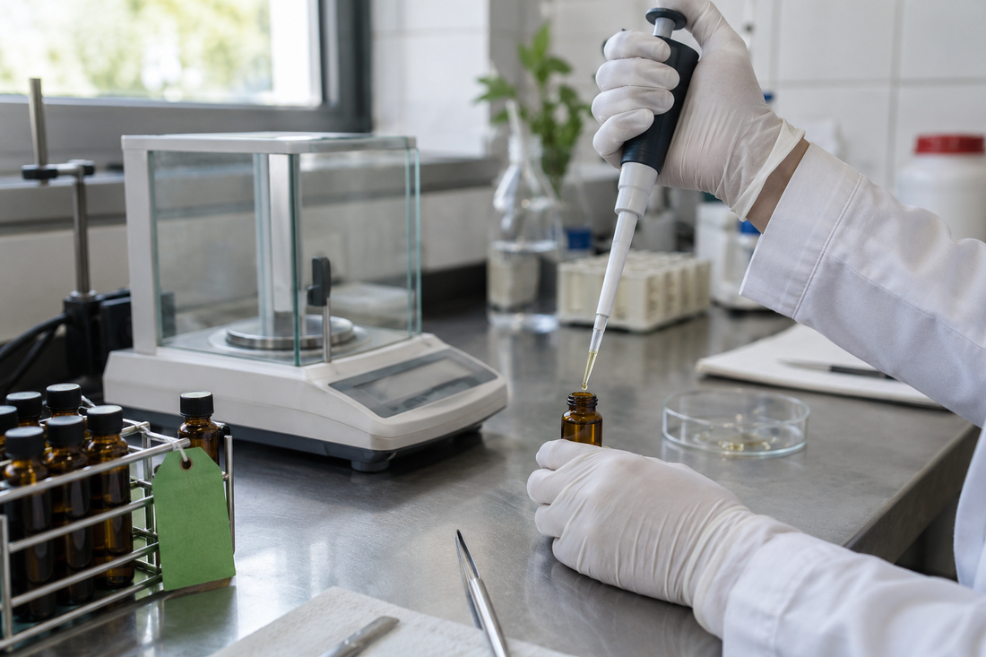 Laboranalyse einer kleinen Probe mit Pipette und Präzisionswaage – Symbolbild
