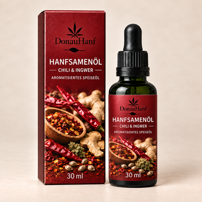 DonauHanf Hanfsamenöl Chili & Ingwer 30 ml – rote Verpackung und rotes Etikett