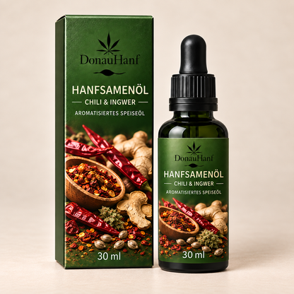 DonauHanf Hanfsamenöl Chili und Ingwer – 30-ml-Flasche mit Verpackung
