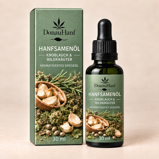 DonauHanf Hanfsamenöl Knoblauch & Wildkräuter 30 ml – salbeigrüne Verpackung und salbeigrünes Etikett