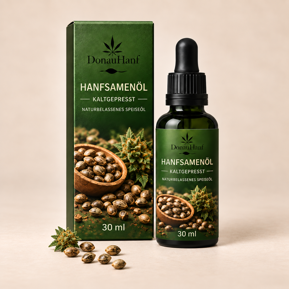 DonauHanf Hanfsamenöl natur 30 ml – Flasche und Verpackung mit Hanfsamen und kleiner Hanfblüte