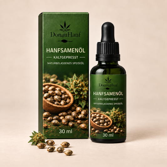 DonauHanf Hanfsamenöl natur 30 ml – Flasche und Verpackung mit Hanfsamen und kleiner Hanfblüte