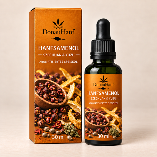 DonauHanf Hanfsamenöl Szechuan & Yuzu 30 ml – orange Verpackung und oranges Etikett