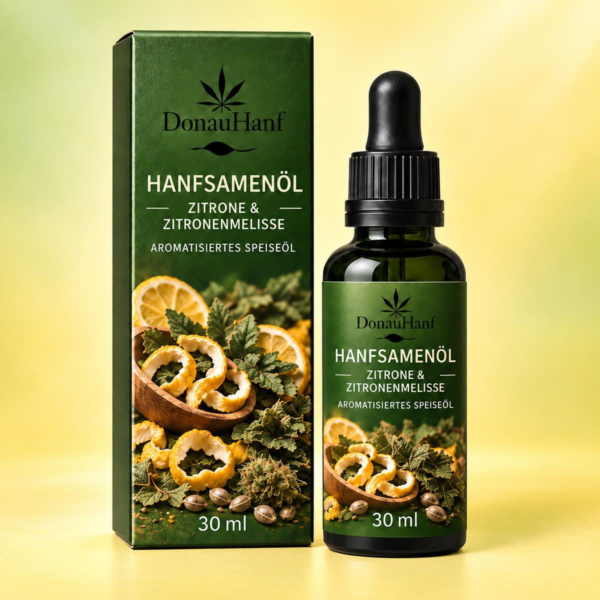 DonauHanf Hanfsamenöl Zitrone & Zitronenmelisse 30 ml – Verpackung und Flasche auf zitronengelbem Hintergrund