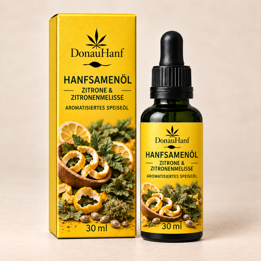 DonauHanf Hanfsamenöl Zitrone & Zitronenmelisse 30 ml – gelbe Verpackung und gelbes Etikett