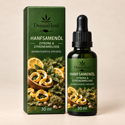 DonauHanf Hanfsamenöl Zitrone und Zitronenmelisse – 30-ml-Flasche mit Verpackung